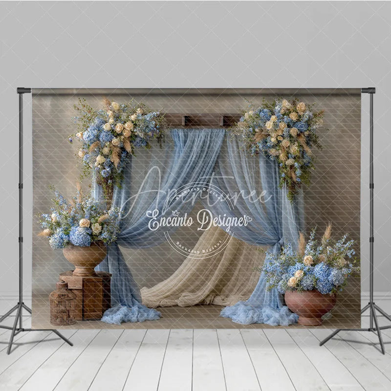 Aperturee - Aperturee Rustic Wedding Arch Backdrop Dusty Blue Drapes with Hydrangea Cream Rose Floral Decor for Bridal Shower