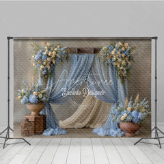 Aperturee - Aperturee Rustic Wedding Arch Backdrop Dusty Blue Drapes with Hydrangea Cream Rose Floral Decor for Bridal Shower