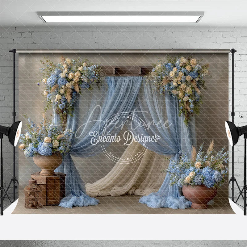 Aperturee - Aperturee Rustic Wedding Arch Backdrop Dusty Blue Drapes with Hydrangea Cream Rose Floral Decor for Bridal Shower