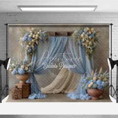 Aperturee - Aperturee Rustic Wedding Arch Backdrop Dusty Blue Drapes with Hydrangea Cream Rose Floral Decor for Bridal Shower