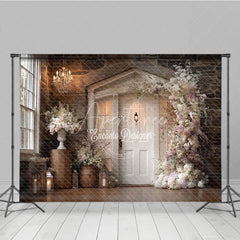 Aperturee - Aperturee Rustic Wedding Backdrop White Door on Stone Wall Pink Floral Arch Photography Background for Bridal Shower