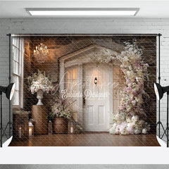 Aperturee - Aperturee Rustic Wedding Backdrop White Door on Stone Wall Pink Floral Arch Photography Background for Bridal Shower