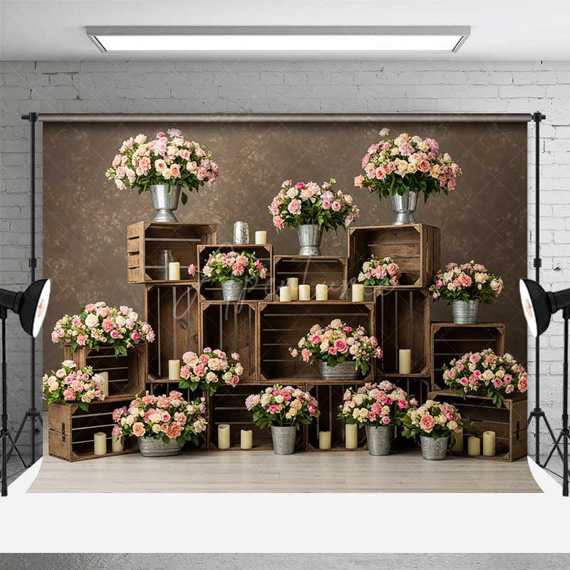 Aperturee Aperturee Rustic Wedding Photography Backdrop Pink and Cream Roses in Crates Romantic Floral Studio Photo Prop Decor
