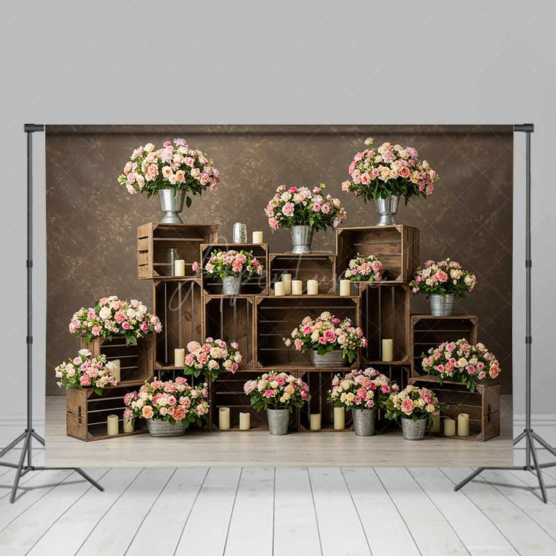 Aperturee Aperturee Rustic Wedding Photography Backdrop Pink and Cream Roses in Crates Romantic Floral Studio Photo Prop Decor