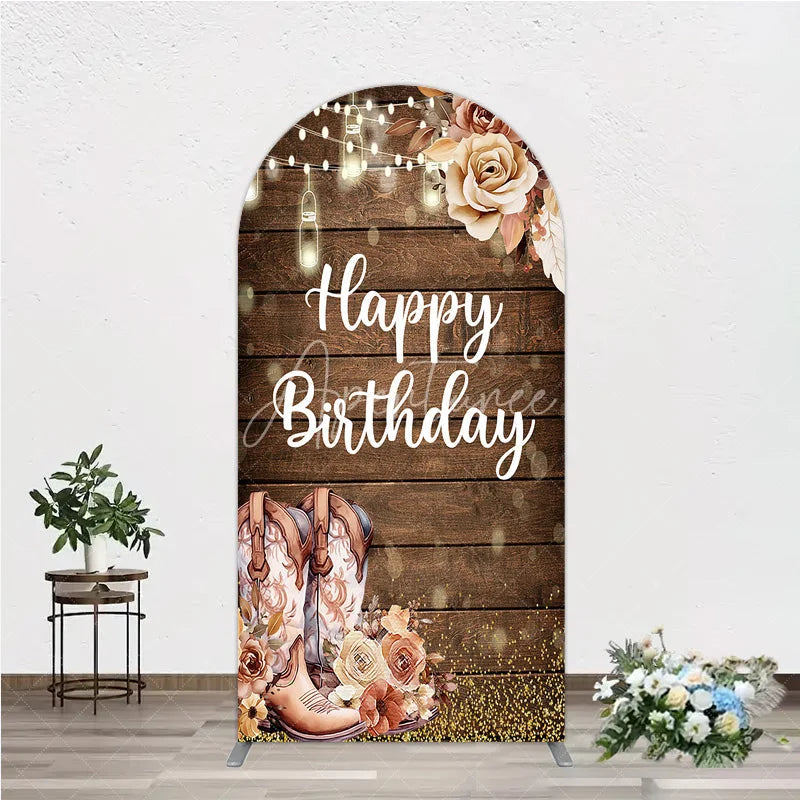 Aperturee - Aperturee Rustic Western Happy Birthday round top arch backdrop with Cowboy Boots and String Lights for Party Decor