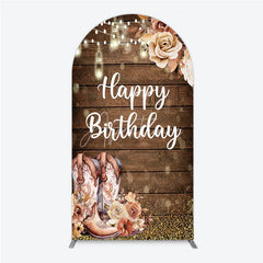 Aperturee - Aperturee Rustic Western Happy Birthday round top arch backdrop with Cowboy Boots and String Lights for Party Decor
