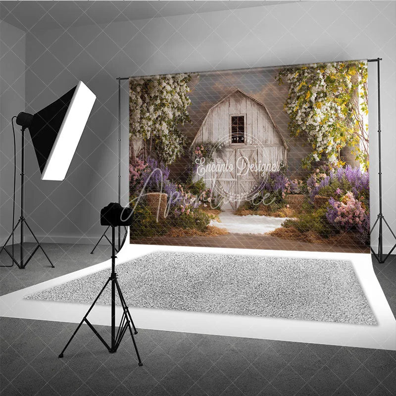 Aperturee - Aperturee Rustic White Barn Photography Backdrop with Flowering Trees and Purple Pink Flowers Hay Bales for Spring Portraits