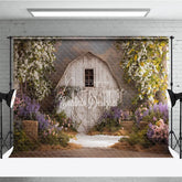 Aperturee - Aperturee Rustic White Barn Photography Backdrop with Flowering Trees and Purple Pink Flowers Hay Bales for Spring Portraits