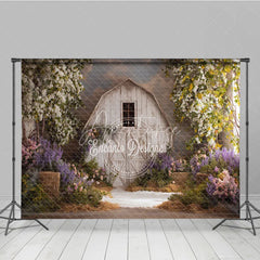 Aperturee - Aperturee Rustic White Barn Photography Backdrop with Flowering Trees and Purple Pink Flowers Hay Bales for Spring Portraits