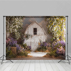 Aperturee - Aperturee Rustic White Barn Photography Backdrop with Flowering Trees Lush Purple and Pink Spring Flowers and Greenery
