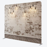 Aperturee - Aperturee Rustic White Brick Wall Tension Fabric Backdrop Loft with Edison Bulbs and Wood Floor Photography Studio Prop