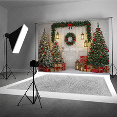 Aperturee - Aperturee Rustic White Door Christmas Photography Backdrop Red and Green Garland with Lanterns Holiday Photo Background
