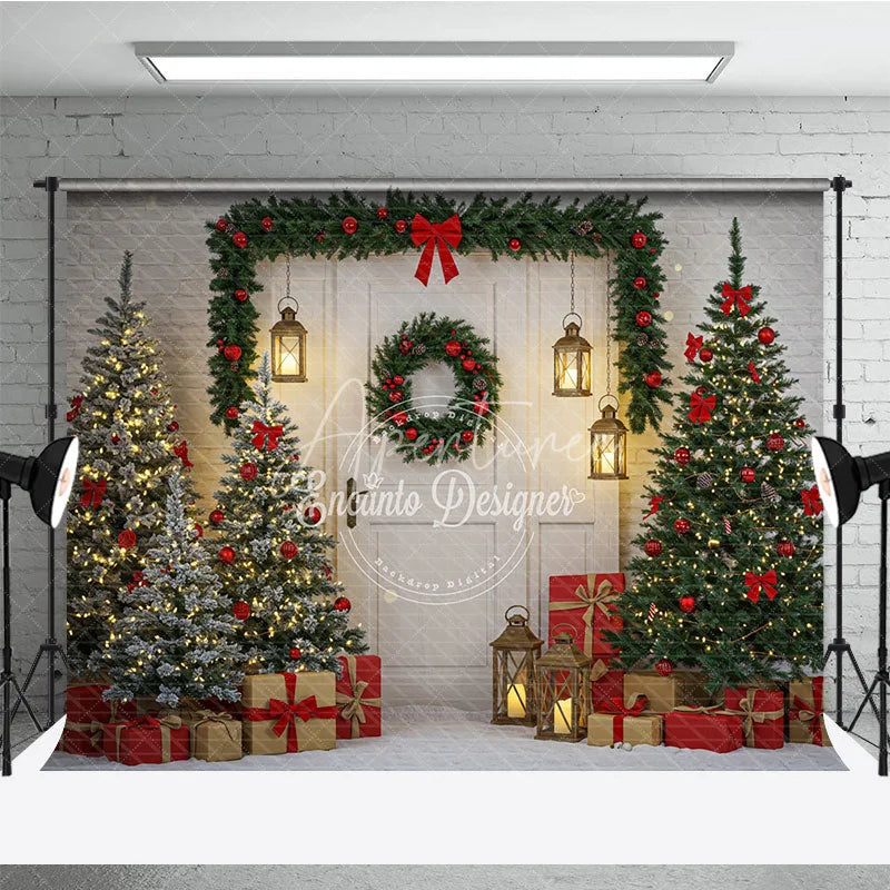 Aperturee - Aperturee Rustic White Door Christmas Photography Backdrop Red and Green Garland with Lanterns Holiday Photo Background