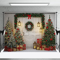 Aperturee - Aperturee Rustic White Door Christmas Photography Backdrop Red and Green Garland with Lanterns Holiday Photo Background