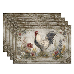 Aperturee - Aperturee Rustic White Rooster Set of 4 Placemats Vintage Farmhouse Chicken Table Mats for Dining Room