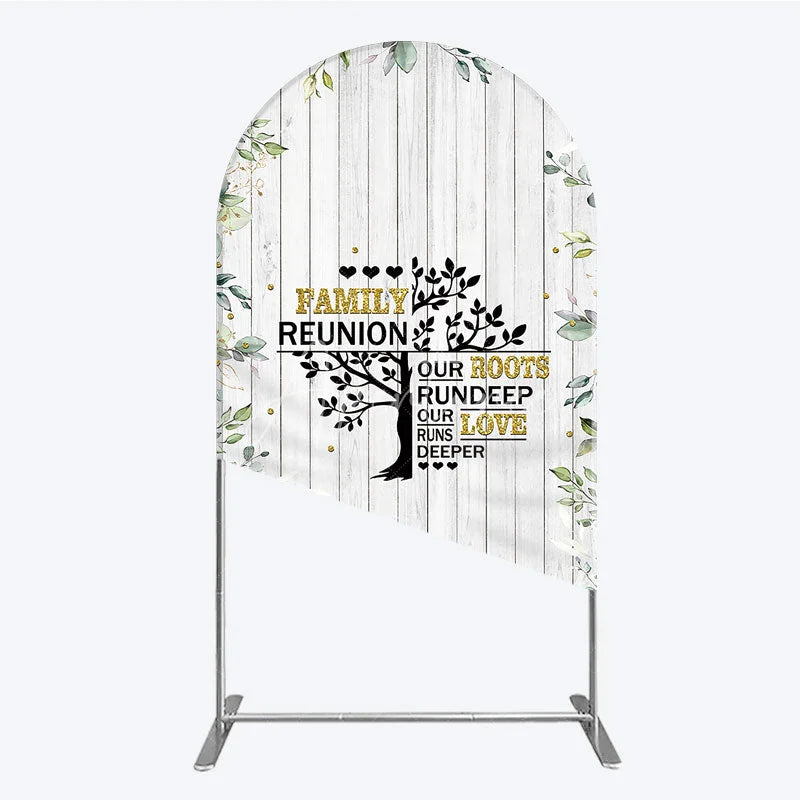 Aperturee - Aperturee Rustic White Wood Family Reunion Arch Backdrop Greenery and Gold Glitter Tree Decor for Special Occasion Party