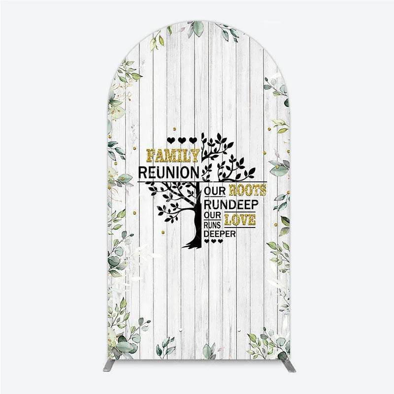 Aperturee - Aperturee Rustic White Wood Family Reunion Arch Backdrop Greenery and Gold Glitter Tree Decor for Special Occasion Party