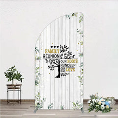 Aperturee - Aperturee Rustic White Wood Family Reunion Half Moon Arch Backdrop Greenery and Gold Glitter Tree Decor for Special Occasion