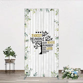 Aperturee - Aperturee Rustic White Wood Family Reunion Rectangle Backdrop Greenery and Gold Glitter Tree Decor for Special Occasion Party