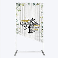 Aperturee - Aperturee Rustic White Wood Family Reunion Rectangle Backdrop Greenery and Gold Glitter Tree Decor for Special Occasion Party