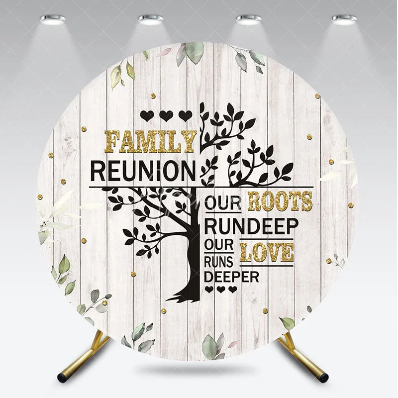 Aperturee - Aperturee Rustic White Wood Family Reunion Round Backdrop Green Eucalyptus and Gold Glitter Family Tree Quote Decor