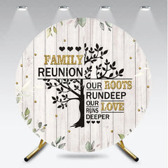 Aperturee - Aperturee Rustic White Wood Family Reunion Round Backdrop Green Eucalyptus and Gold Glitter Family Tree Quote Decor