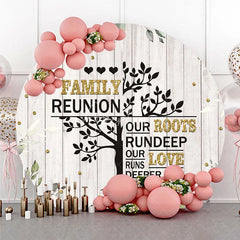 Aperturee - Aperturee Rustic White Wood Family Reunion Round Backdrop Green Eucalyptus and Gold Glitter Family Tree Quote Decor