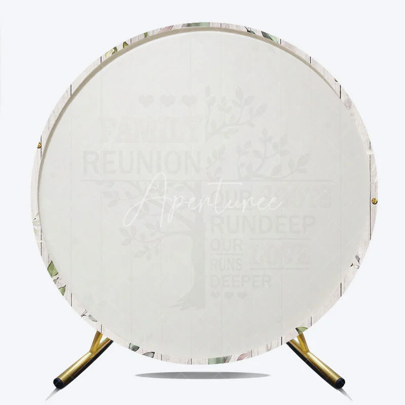 Aperturee - Aperturee Rustic White Wood Family Reunion Round Backdrop Green Eucalyptus and Gold Glitter Family Tree Quote Decor