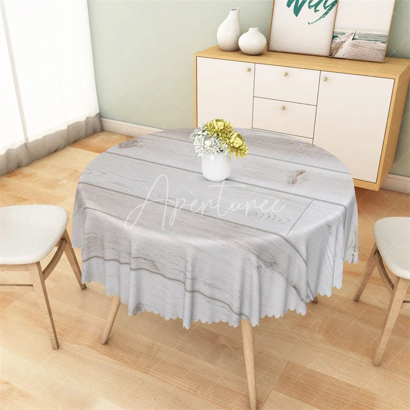 Aperturee - Aperturee Rustic White Wood Round Tablecloth Whitewashed Wooden Plank Texture Table Cover for Farmhouse