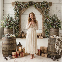 Aperturee - Aperturee Rustic White Wood Wall Christmas Archway Combo Set Backdrop Frosted Pine Garland and Gifts Decor