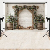 Aperturee - Aperturee Rustic White Wood Wall Christmas Archway Combo Set Backdrop Frosted Pine Garland and Gifts Decor
