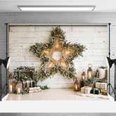 Aperturee - Aperturee Rustic White Wood Wall Holiday Backdrop with a Large Wooden Star Frosted Garland and Cozy Christmas Decor