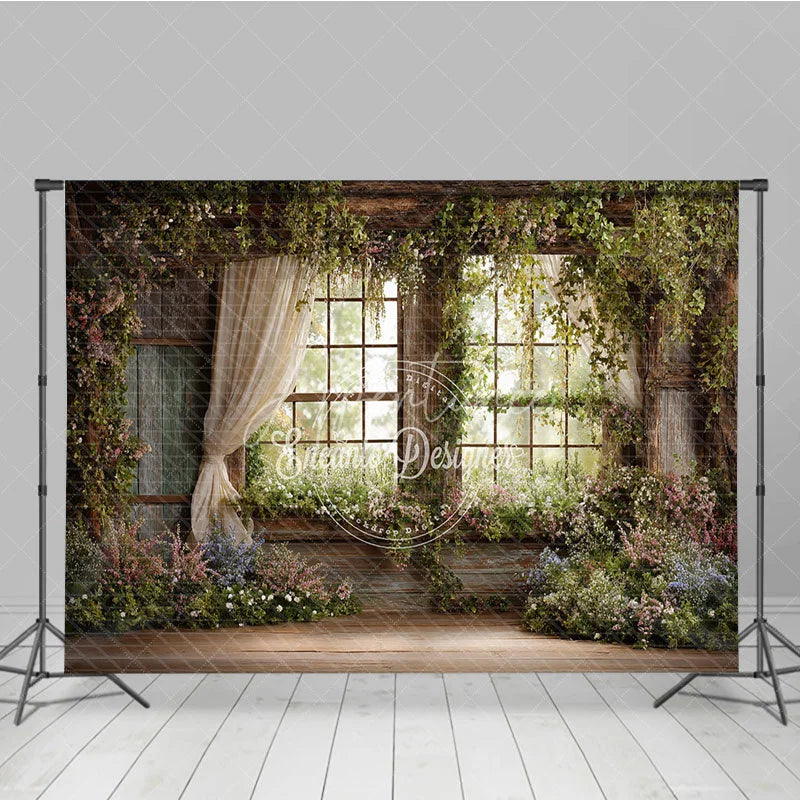 Aperturee - Aperturee Rustic Window Photography Backdrop with Lush Greenery and Blooming Flowers Enchanted Garden Spring Scene