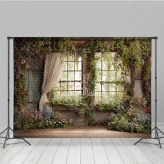Aperturee - Aperturee Rustic Window Photography Backdrop with Lush Greenery and Blooming Flowers Enchanted Garden Spring Scene