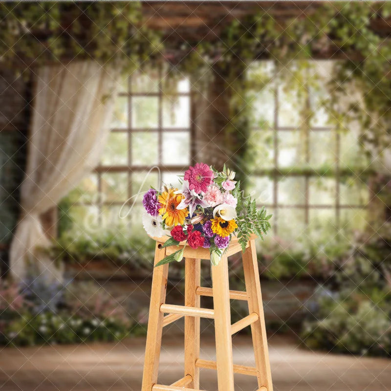 Aperturee - Aperturee Rustic Window Photography Backdrop with Lush Greenery and Blooming Flowers Enchanted Garden Spring Scene