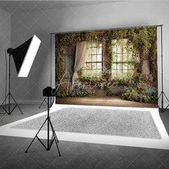 Aperturee - Aperturee Rustic Window Photography Backdrop with Lush Greenery and Blooming Flowers Enchanted Garden Spring Scene