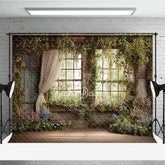 Aperturee - Aperturee Rustic Window Photography Backdrop with Lush Greenery and Blooming Flowers Enchanted Garden Spring Scene