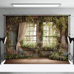 Aperturee - Aperturee Rustic Window Photography Backdrop with Lush Greenery and Blooming Flowers Enchanted Garden Spring Scene