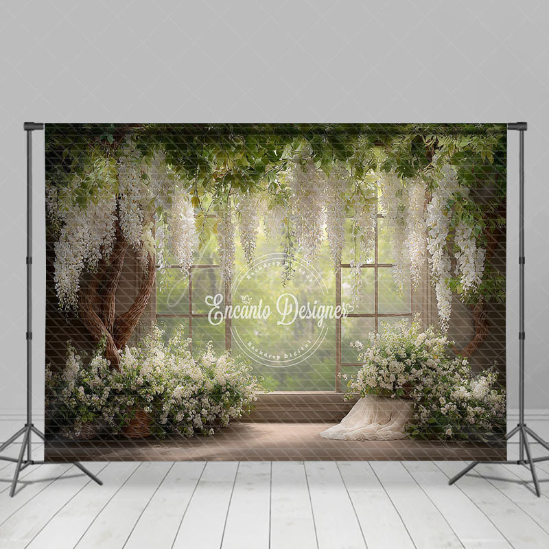 Aperturee - Aperturee Rustic Window Photography Backdrop with White Wisteria Spring Greenery Farmhouse Wedding Photo Background