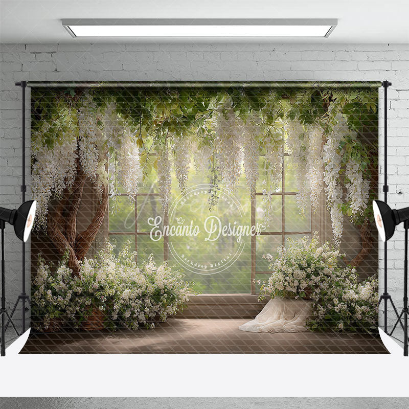 Aperturee - Aperturee Rustic Window Photography Backdrop with White Wisteria Spring Greenery Farmhouse Wedding Photo Background