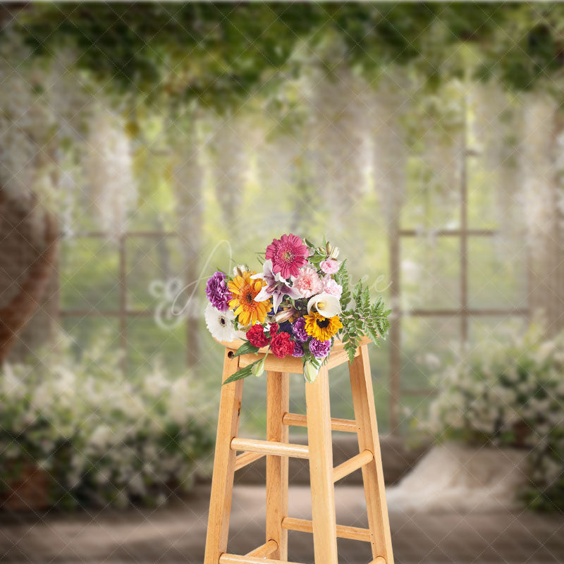 Aperturee - Aperturee Rustic Window Photography Backdrop with White Wisteria Spring Greenery Farmhouse Wedding Photo Background