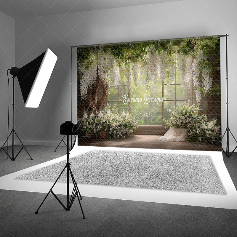 Aperturee - Aperturee Rustic Window Photography Backdrop with White Wisteria Spring Greenery Farmhouse Wedding Photo Background