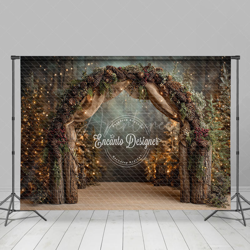 Aperturee - Aperturee Rustic Winter Arch Photography Backdrop with Pinecones Forest with String Lights Christmas Wedding Background