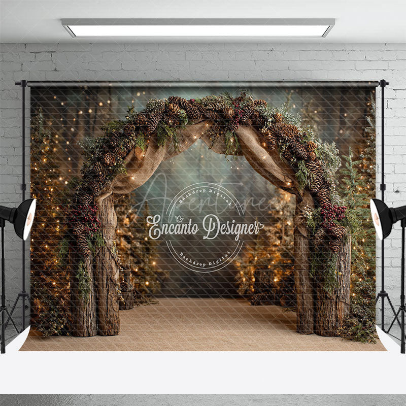 Aperturee - Aperturee Rustic Winter Arch Photography Backdrop with Pinecones Forest with String Lights Christmas Wedding Background