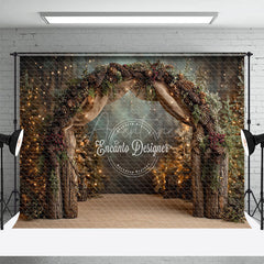 Aperturee - Aperturee Rustic Winter Arch Photography Backdrop with Pinecones Forest with String Lights Christmas Wedding Background