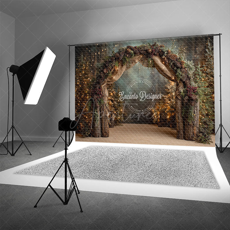 Aperturee - Aperturee Rustic Winter Arch Photography Backdrop with Pinecones Forest with String Lights Christmas Wedding Background