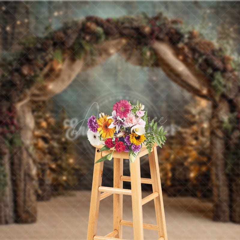 Aperturee - Aperturee Rustic Winter Arch Photography Backdrop with Pinecones Forest with String Lights Christmas Wedding Background