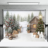 Aperturee - Aperturee Rustic Winter Cabin and Christmas Tree Holiday Backdrop Snowy Forest with Sled and Deer Celebration Decor