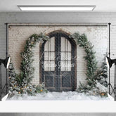 Aperturee - Aperturee Rustic Winter Door Backdrop Black Arched Entryway Snowy Pine Garland White Brick Wall Photo Background