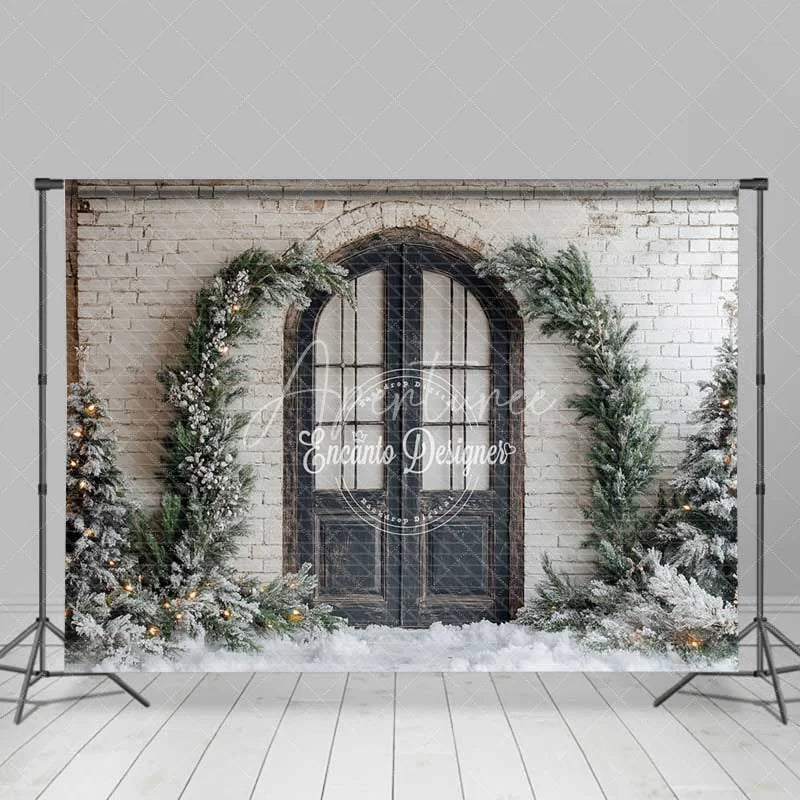 Aperturee - Aperturee Rustic Winter Door Backdrop Black Arched Entryway Snowy Pine Garland White Brick Wall Photo Background